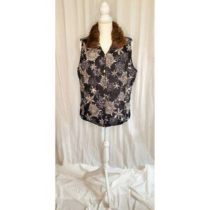 Eddie Bauer Down Vest Womens Large Navy Snowflake Print Full Zip Faux Fur Collar